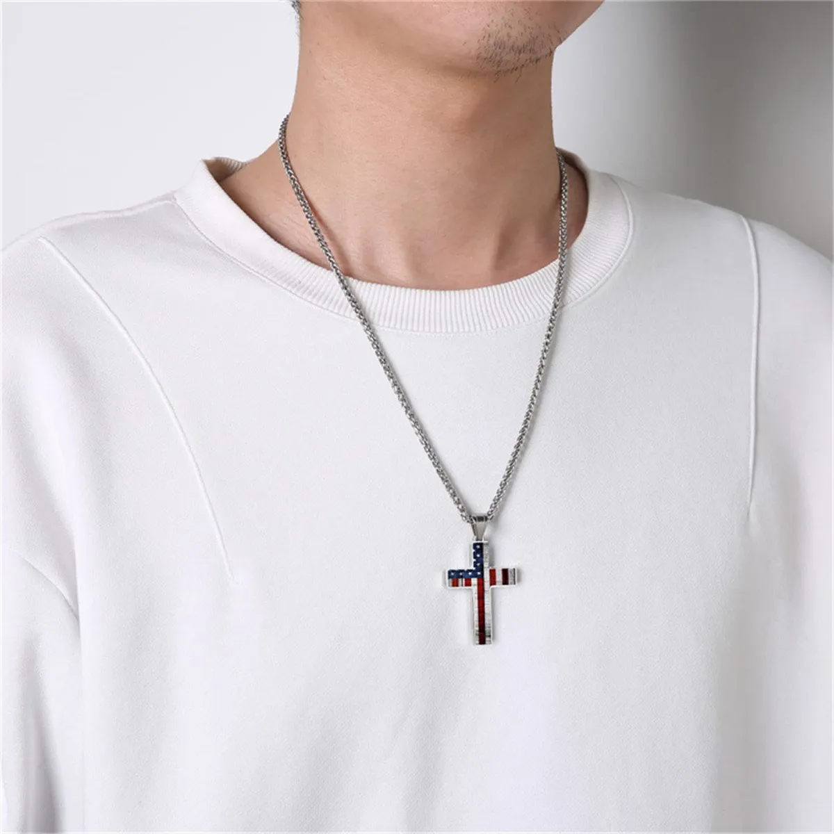 Men Stainless Steel Flag Cross Pendant Necklace Geometric Simple
