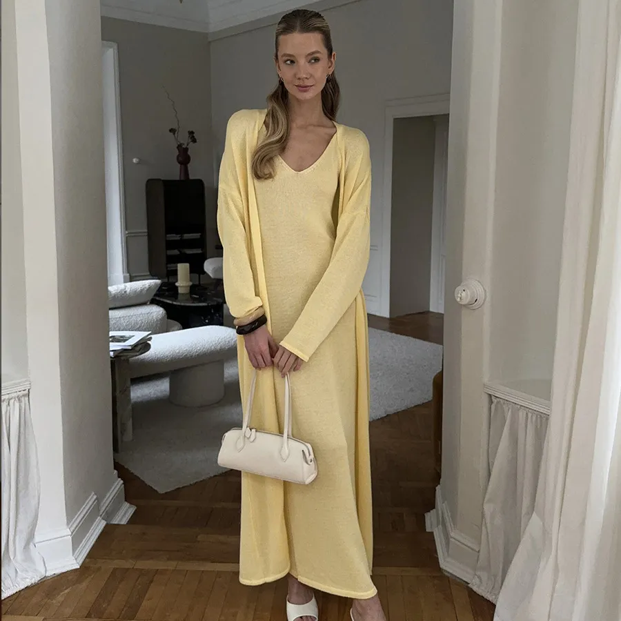 Women Fashion Solid Color Knitted Sleeveless Dress Long Sleeve Cardigan Two-Piece Skirt Set