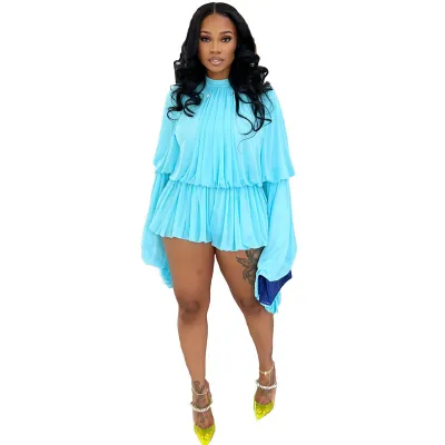 Women's Casual Pleated Top and Loose Shorts Two-Piece Set - Solid Color Long Sleeve