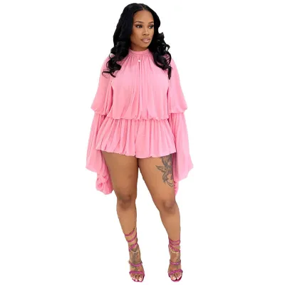 Women's Casual Pleated Top and Loose Shorts Two-Piece Set - Solid Color Long Sleeve