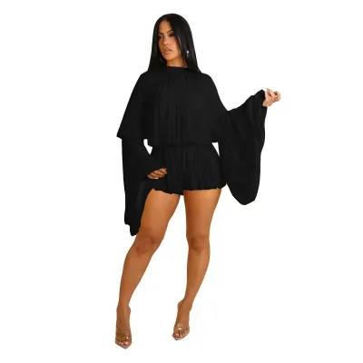 Women's Casual Pleated Top and Loose Shorts Two-Piece Set - Solid Color Long Sleeve
