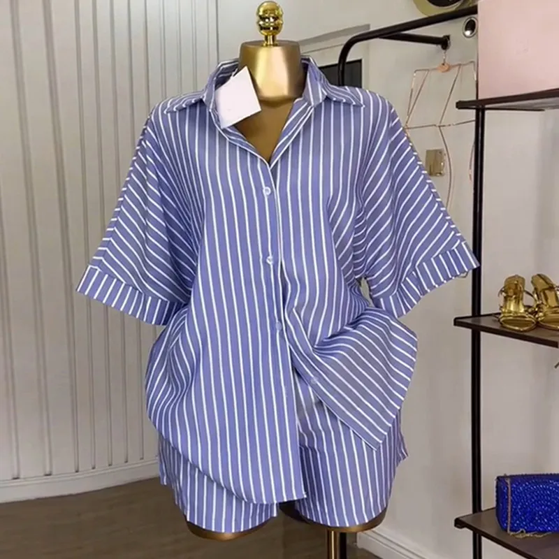 Women Fashion Casual Blue White Stripe Loose Lapel Short-Sleeve Blouse High Waist Wide Leg Shorts Two-Piece Set