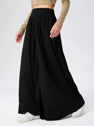 Women Fashion Casual Solid Color High Waist Wide Leg Culottes Pants
