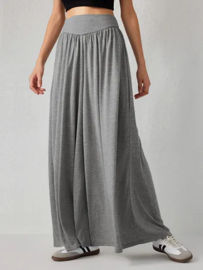Women Fashion Casual Solid Color High Waist Wide Leg Culottes Pants