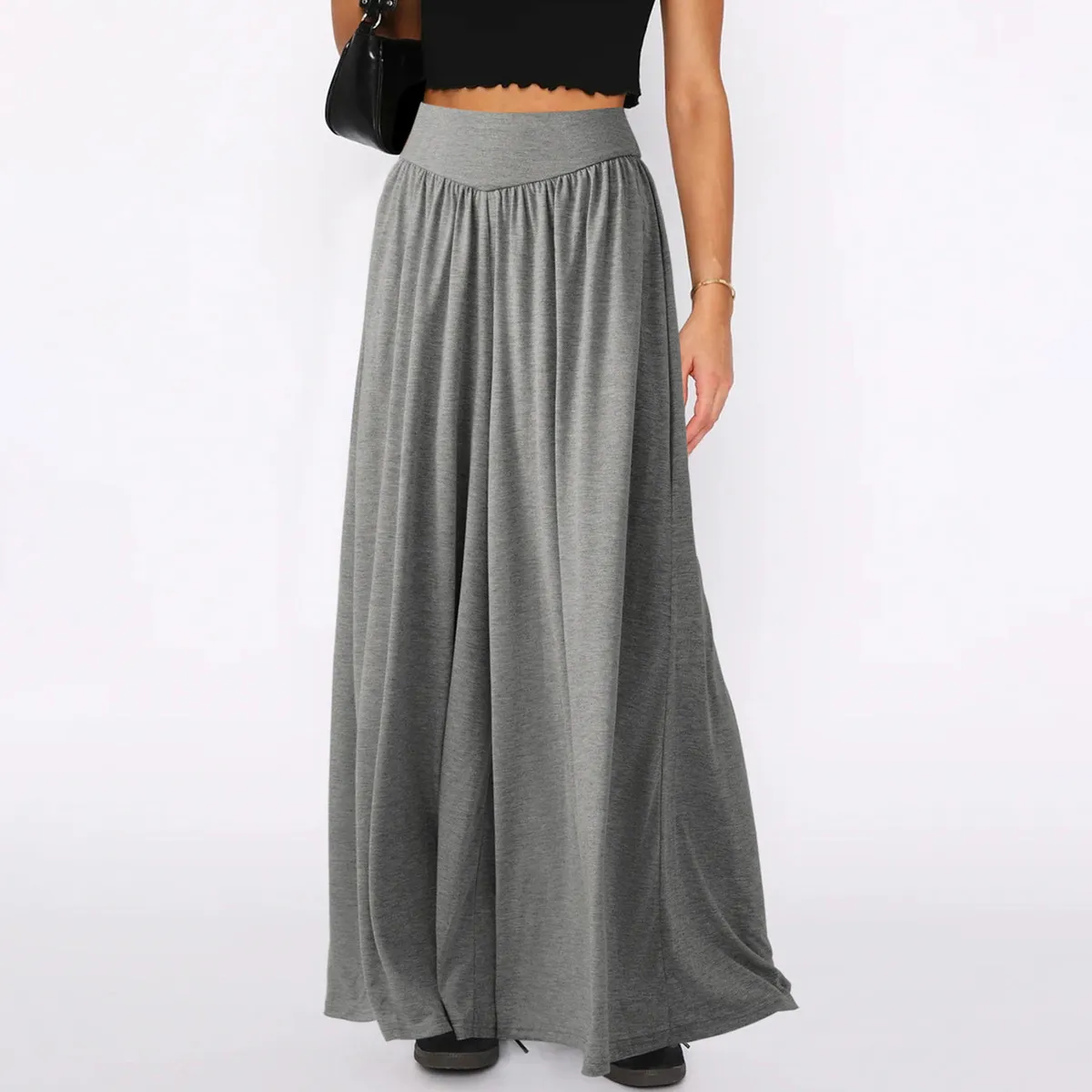 Women Fashion Casual Solid Color High Waist Wide Leg Culottes Pants