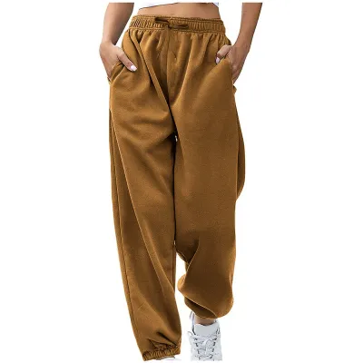 Women Fashion Casual Solid Color Velvet High Waist Pocket Loose Pants