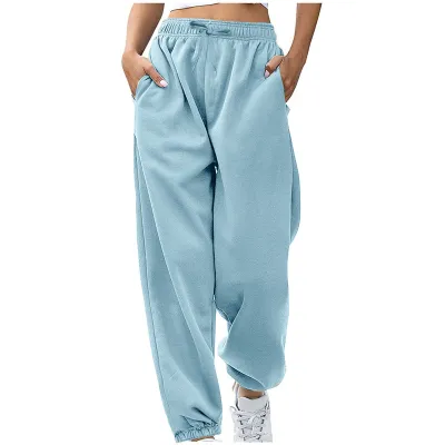 Women Fashion Casual Solid Color Velvet High Waist Pocket Loose Pants