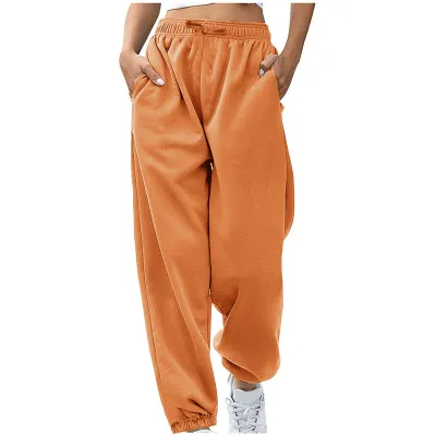 Women Fashion Casual Solid Color Velvet High Waist Pocket Loose Pants