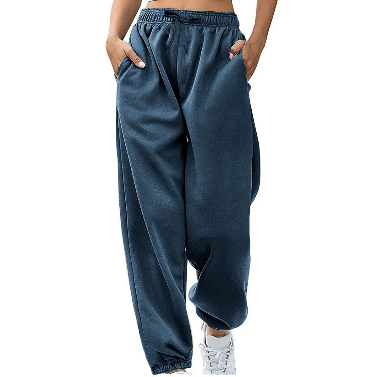 Women Fashion Casual Solid Color Velvet High Waist Pocket Loose Pants