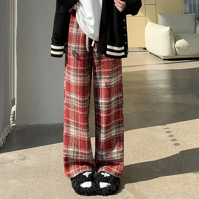 Women Casual Plush Plaid High Waist Straight Pants