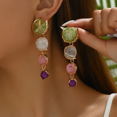Fashion Multicolor Stone Long Earrings Geometric Alloy Simple
