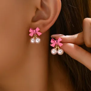 Simple Bow Imitation Pearl Earrings Sweet