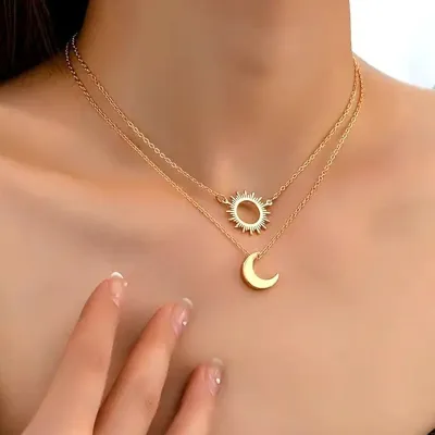 Elegant Retro Double Layer Hollow Sun Moon Pendant Necklace