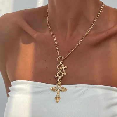 Vintage Alloy Rhinestone Cross Necklace