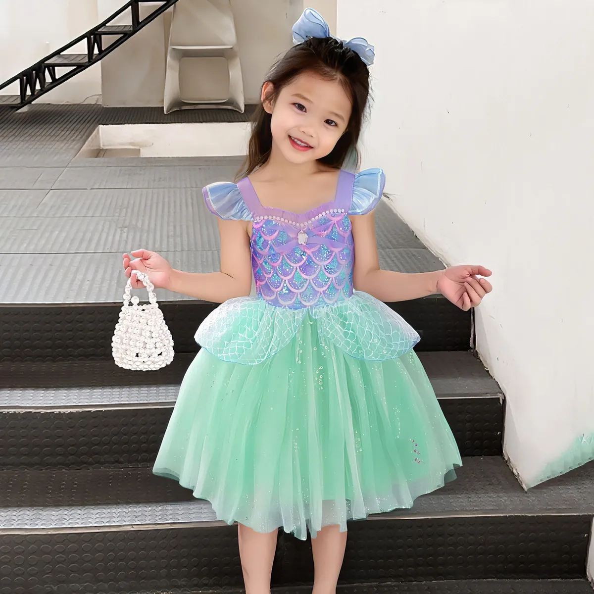 Girl's Fashion Cute Flying Sleeve Mesh Sequin Mermaid Princess Dress