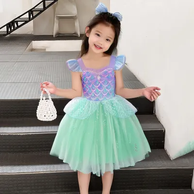 Girl's Fashion Cute Flying Sleeve Mesh Sequin Mermaid Princess Dress