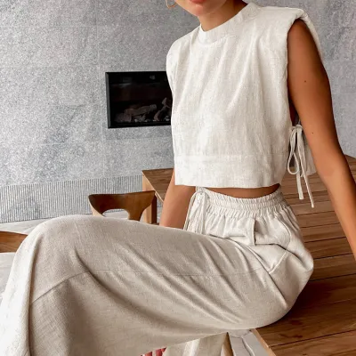 Women Casual Cotton Linen Solid Color Sleeveless Tank Top Loose Pants Two-Piece Set
