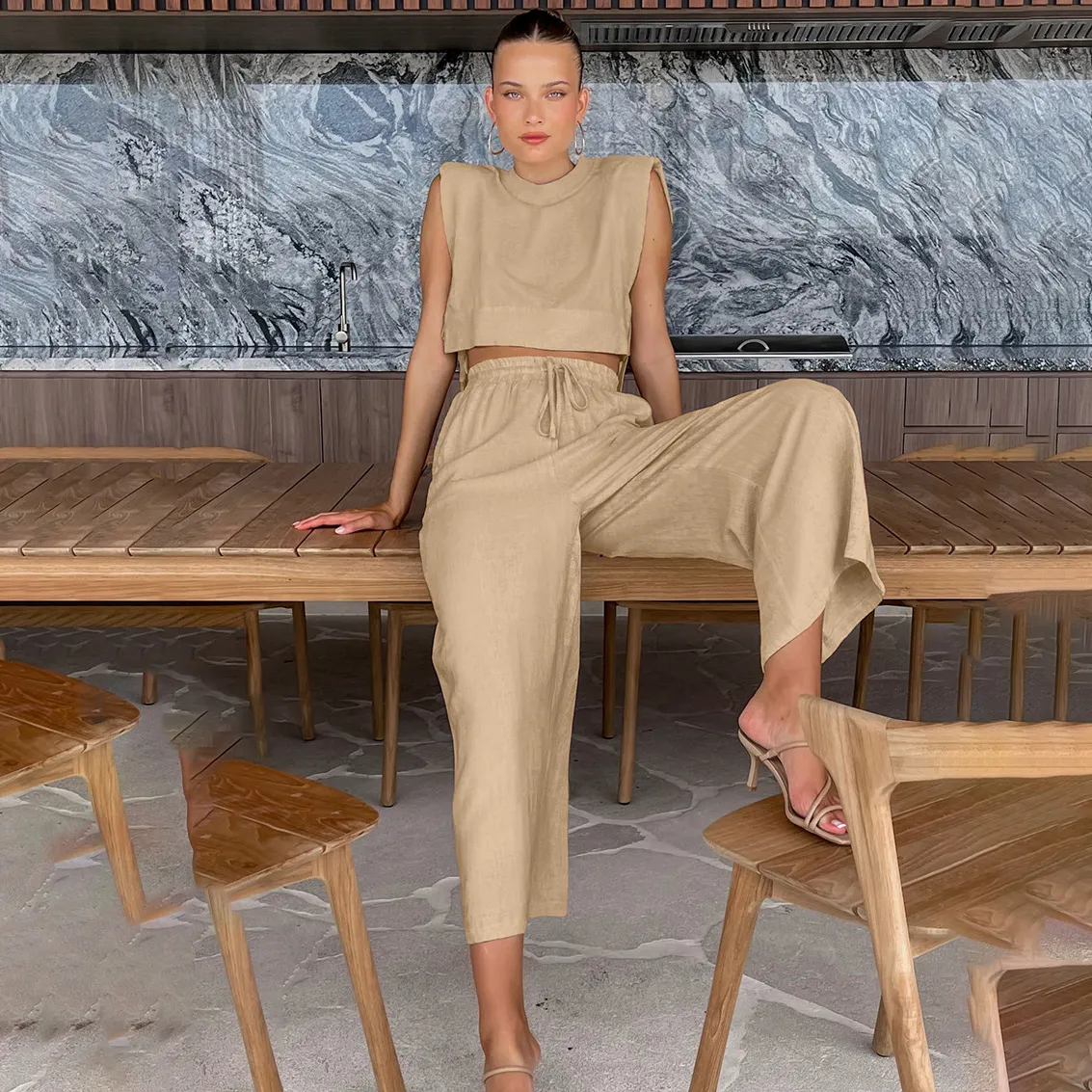 Women Casual Cotton Linen Solid Color Sleeveless Tank Top Loose Pants Two-Piece Set