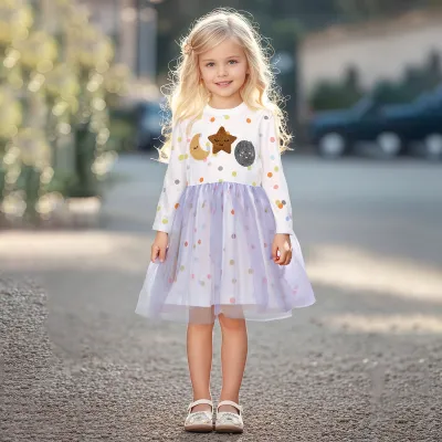 Girls Fashion Elegant Printed Mesh Splicing Long-Sleeve Dress