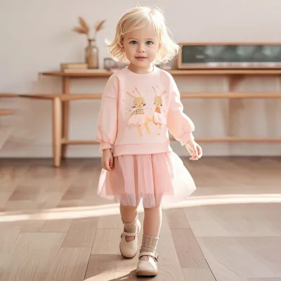 Girls Fashion Cartoon Printed Mesh Splicing Long-Sleeve Dress