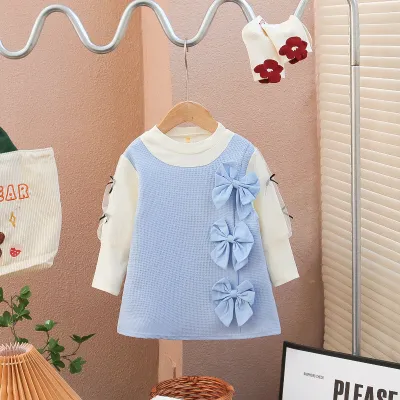 Girls Elegant Splicing Long-Sleeve Bowknot A-Line Cotton Dress