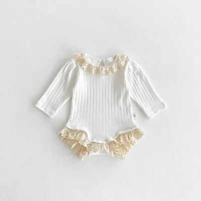 Baby Girl Fashion Solid Color Lace Splicing Round Neck Long Sleeve Rompers Cotton Triangle Climb