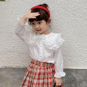 Girls Elegant Lace Lapel Long Sleeve Blouse Cotton Solid Color