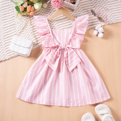 Girls Elegant Stripe Flying Sleeve Bowknot Dress for Kids 3-14T