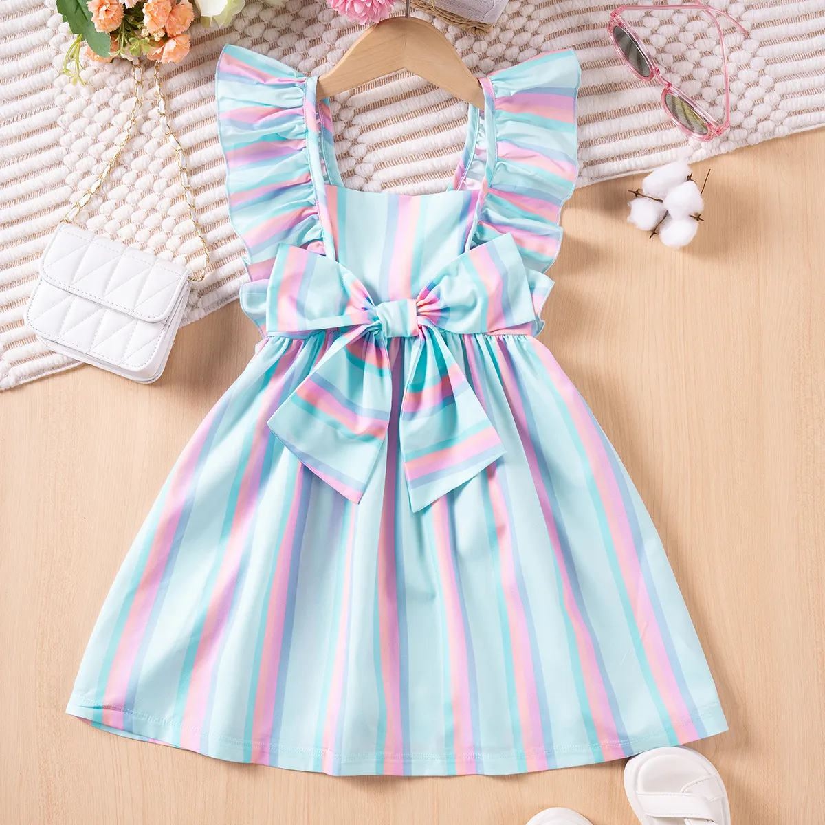 Girls Elegant Stripe Flying Sleeve Bowknot Dress for Kids 3-14T