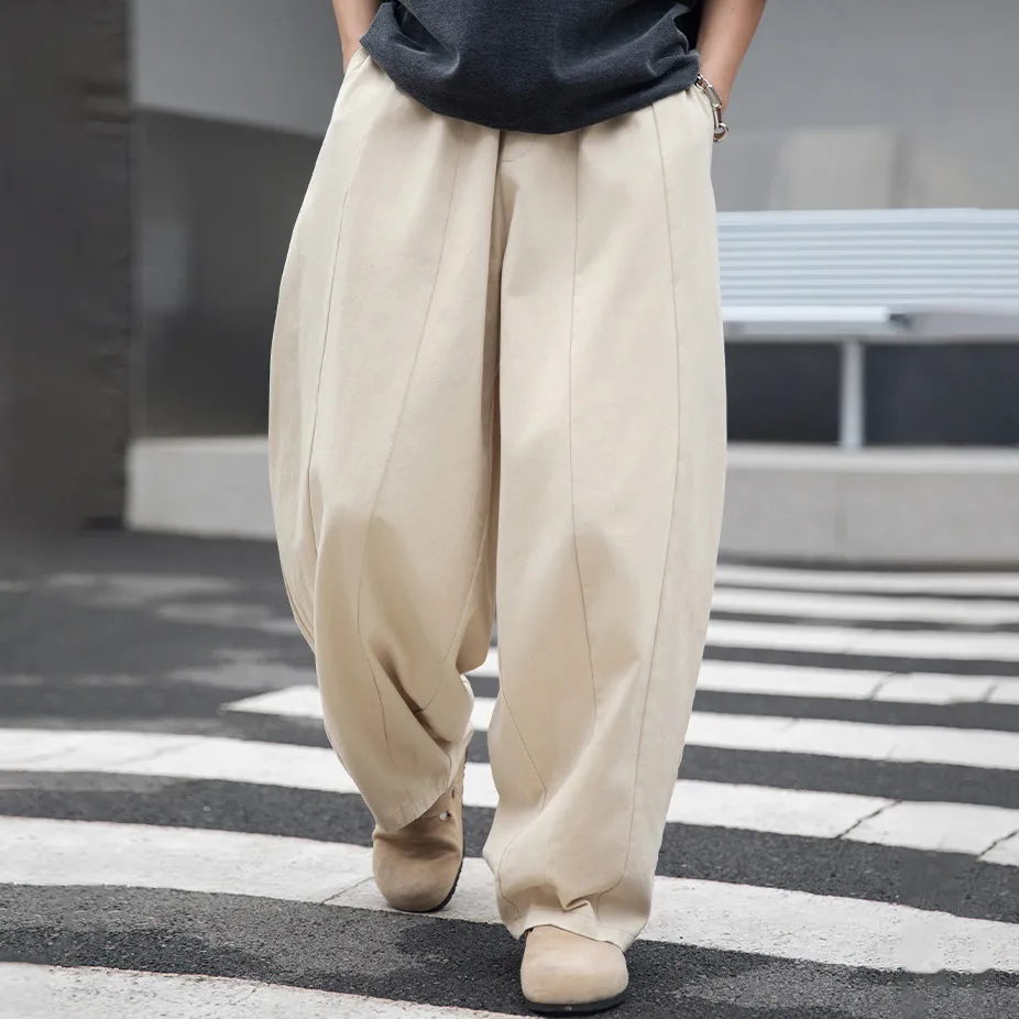 Men Casual Solid Color Loose Cotton Pants Mid-Waist Straight