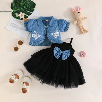 Girl's Fashion Bow Coat And Gauze Dress Two-Piece Set For Kids