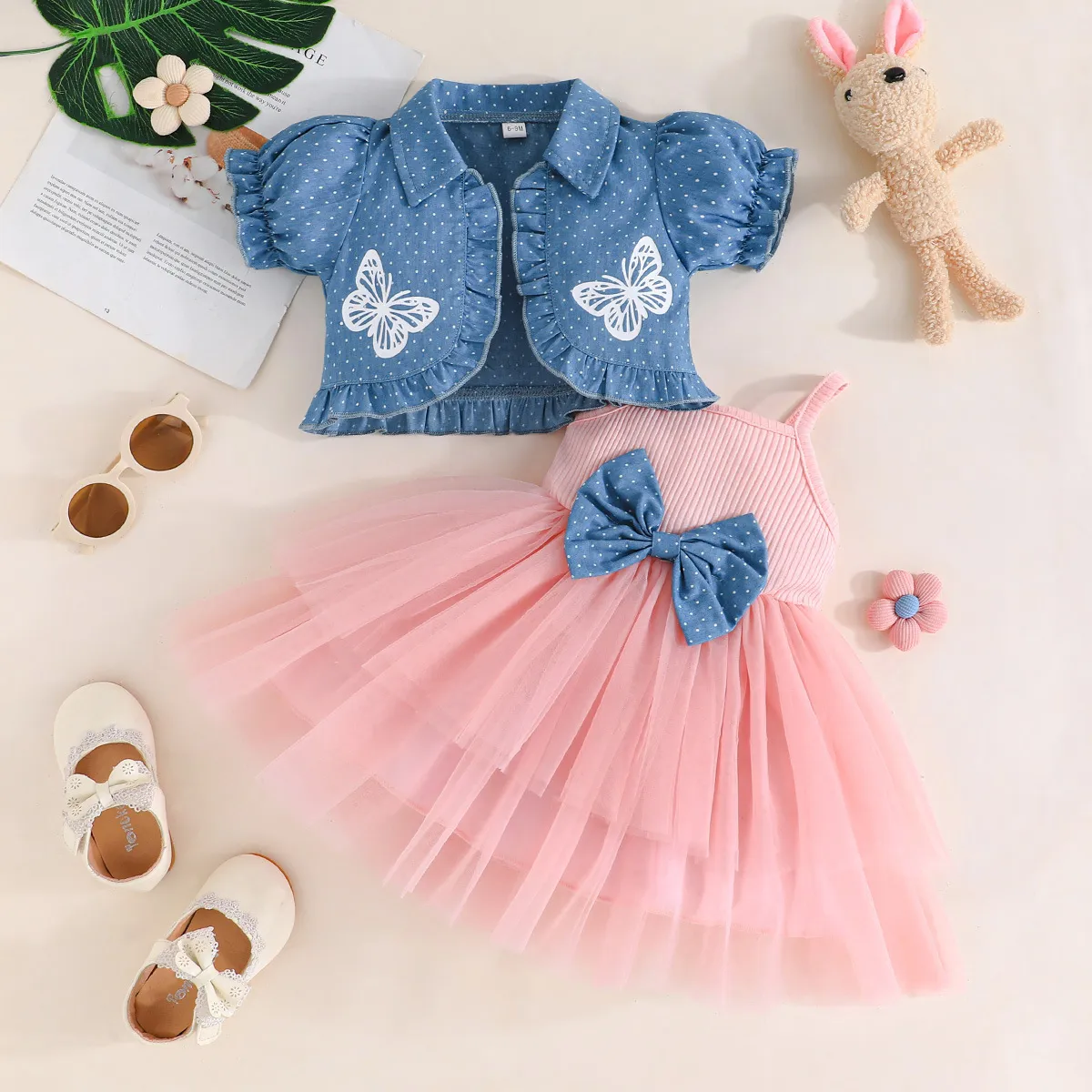 Girl's Fashion Bow Coat And Gauze Dress Two-Piece Set For Kids