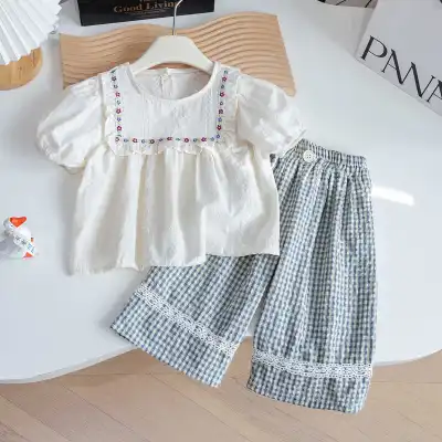 Girls Fashion Casual Embroidered Short-Sleeve Blouse Plaid Straight Pants Two-Piece Set