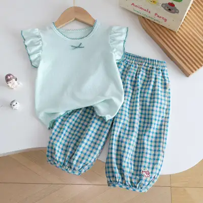 GirlS Fashion Cute Short Sleeve T-Shirt Plaid Pants Two-Piece Set