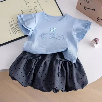 GirlS Fashion Blue Edge Curl Short-Sleeve T-Shirt Wave Point Shorts Two-Piece Set