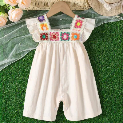 Baby Girl Retro Boho Flying Sleeve Cotton Jumpsuits Long Sleeve Ethnic Style