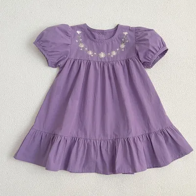 Girls Elegant Floral Embroidered Short Sleeve A-Line Cotton Dress