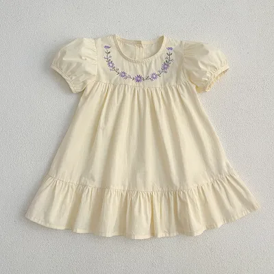 Girls Elegant Floral Embroidered Short Sleeve A-Line Cotton Dress