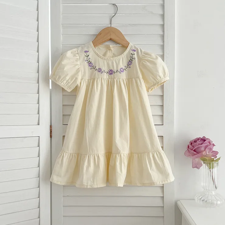 Girls Elegant Floral Embroidered Short Sleeve A-Line Cotton Dress