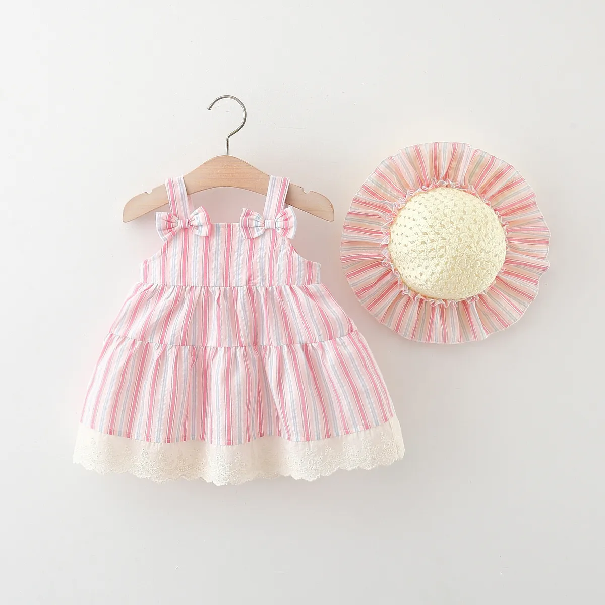 Girls Fashion Vertical Stripe Bowknot Sleeveless Dress Hat Set Cotton A-Line Strap Style