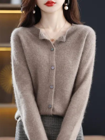 Women Casual Solid Color Knitted Round Neck Long Sleeve Loose Coat