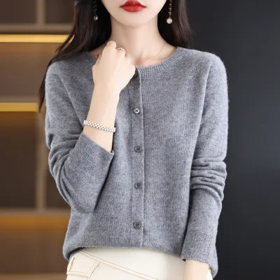 Women Casual Solid Color Knitted Round Neck Long Sleeve Loose Coat