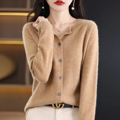 Women Casual Solid Color Knitted Round Neck Long Sleeve Loose Coat