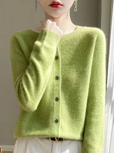 Women Casual Solid Color Knitted Round Neck Long Sleeve Loose Coat