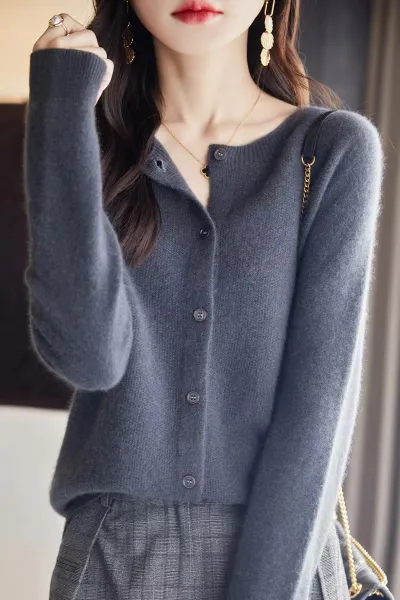 Women Casual Solid Color Knitted Round Neck Long Sleeve Loose Coat