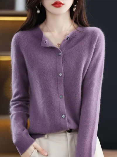 Women Casual Solid Color Knitted Round Neck Long Sleeve Loose Coat
