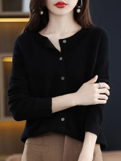 Women Casual Solid Color Knitted Round Neck Long Sleeve Loose Coat