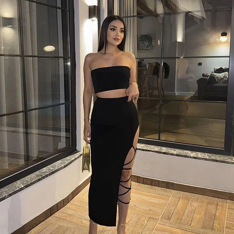 Women Sexy Solid Color Strapless Top And Side Split Skirt Two-Piece Set