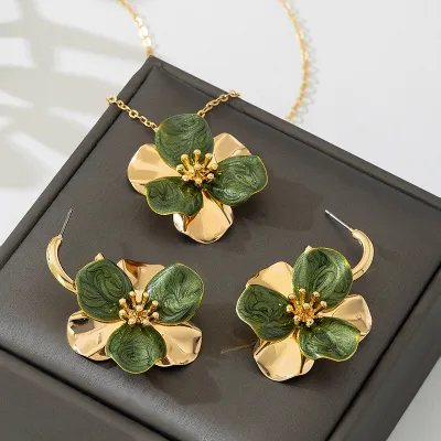 Women Fashion Natural Multicolor Drop Oil Floral Earrings Necklace Set