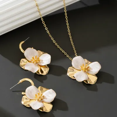 Women Fashion Natural Multicolor Drop Oil Floral Earrings Necklace Set